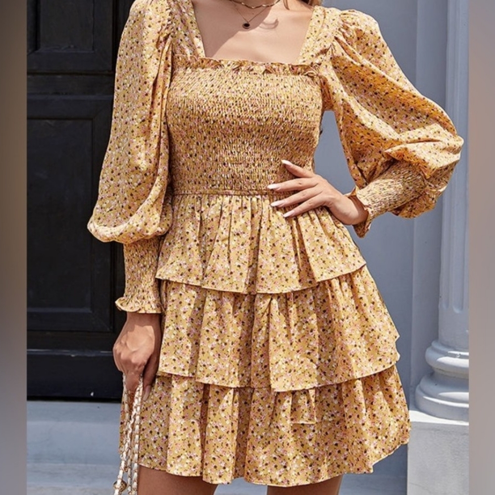 Byinns Women's Square Neck Ruffle Dress Long Sleeve Floral Print Tiered Tie Back